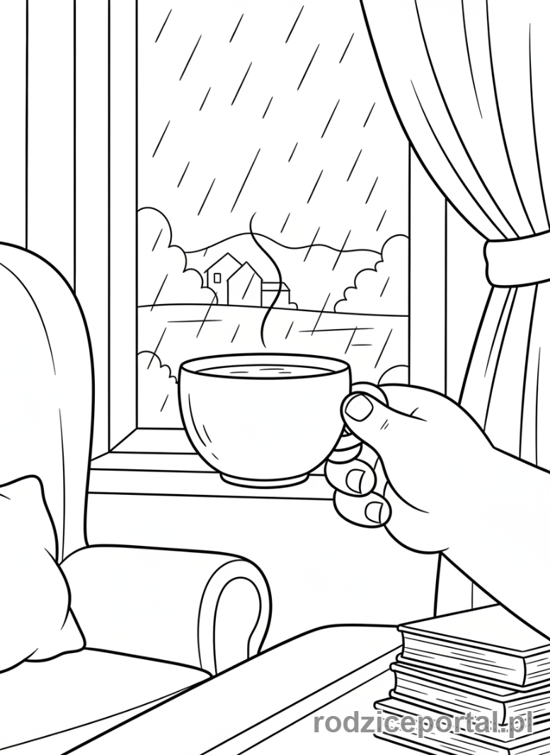 Kolorowanka Odpoczynek - Popołudniowa herbata przy oknie
