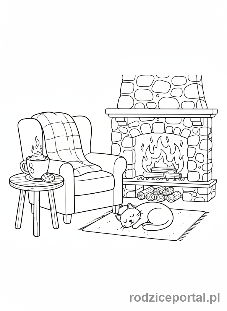 Kolorowanka Odpoczynek - Przytulny kominek z kubkiem kakao