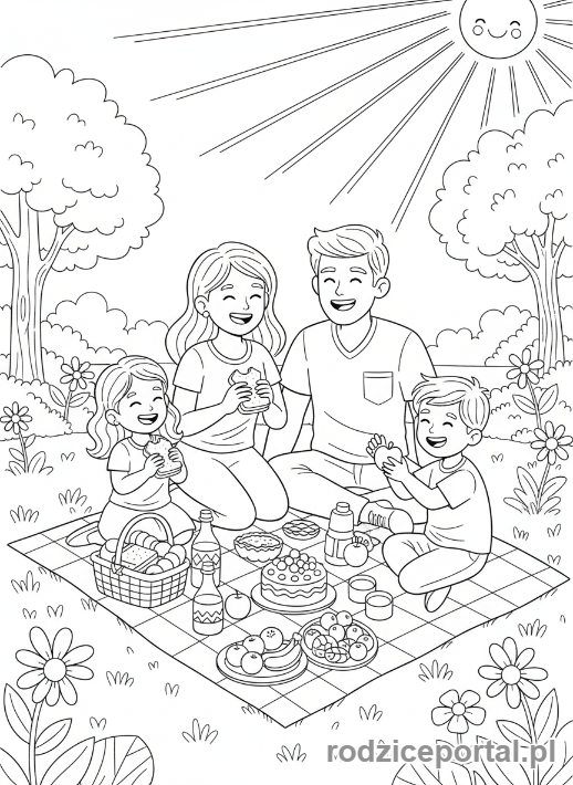 Kolorowanka Odpoczynek - Rodzinny piknik w parku