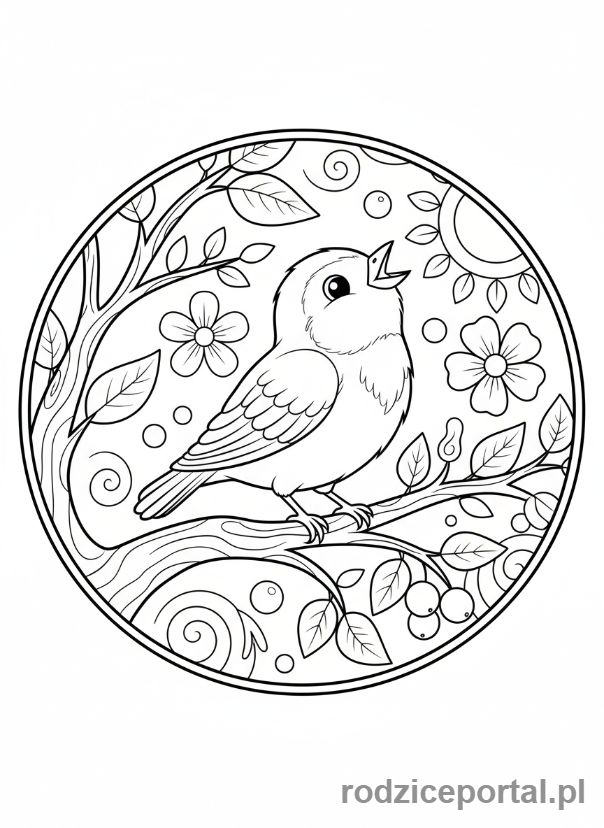 Kolorowanka Odpoczynek - Śpiewający ptak na gałęzi