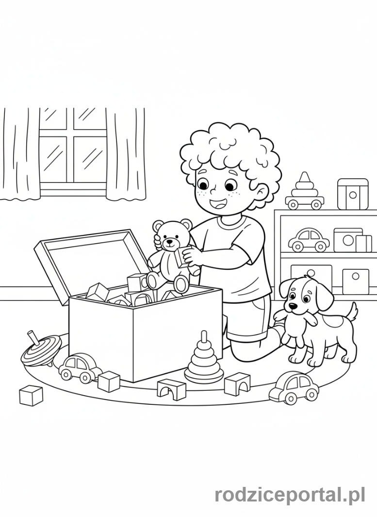Kolorowanka Odpowiedzialność - Dziecko sprząta zabawki