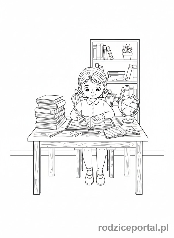 Kolorowanka Odpowiedzialność - Dziewczynka odrabia lekcje