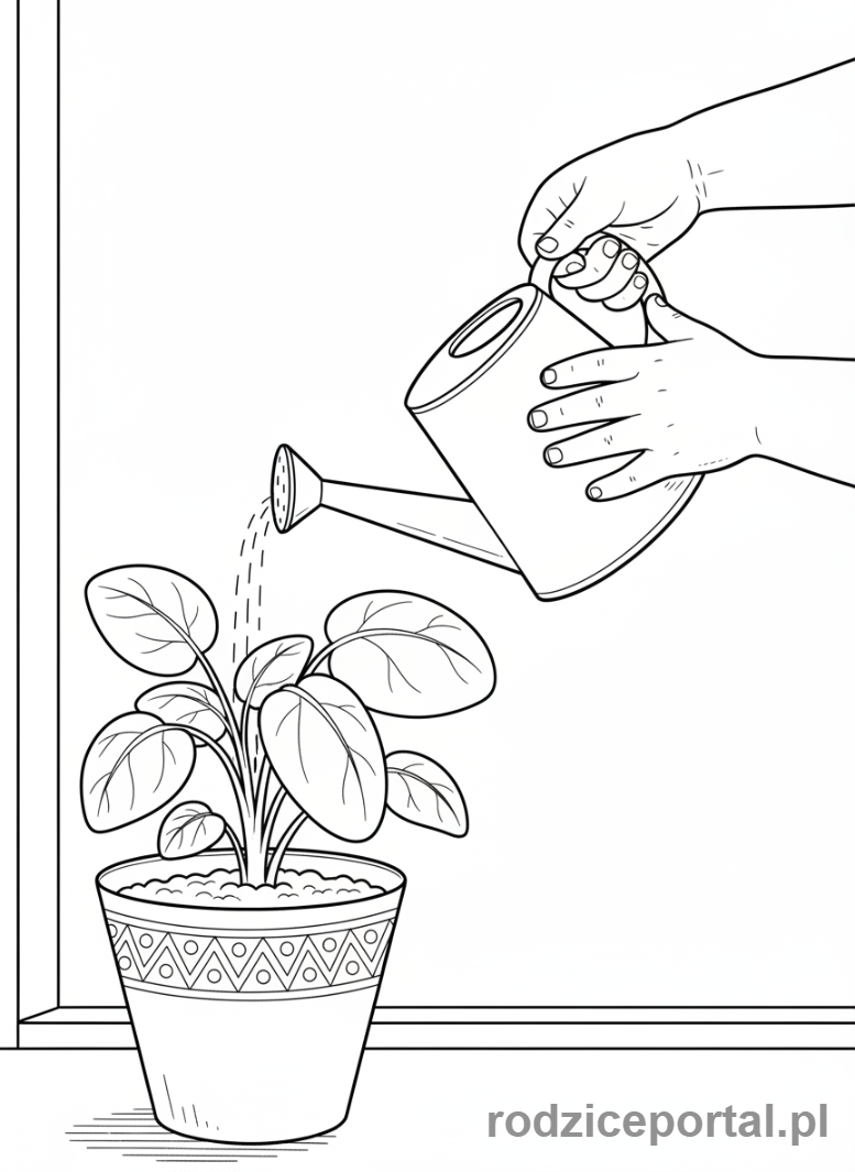 Kolorowanka Odpowiedzialność - Dziewczynka podlewa kwiatki