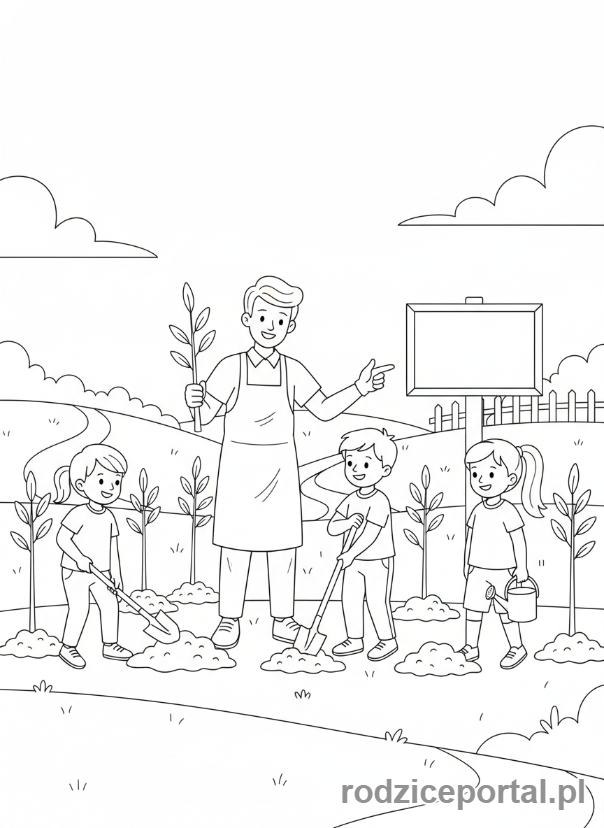 Kolorowanka Odpowiedzialność - Grupa dzieci sadzi drzewa