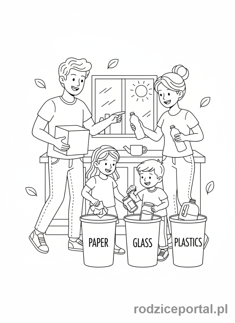 Kolorowanka Odpowiedzialność - Rodzina segreguje śmieci