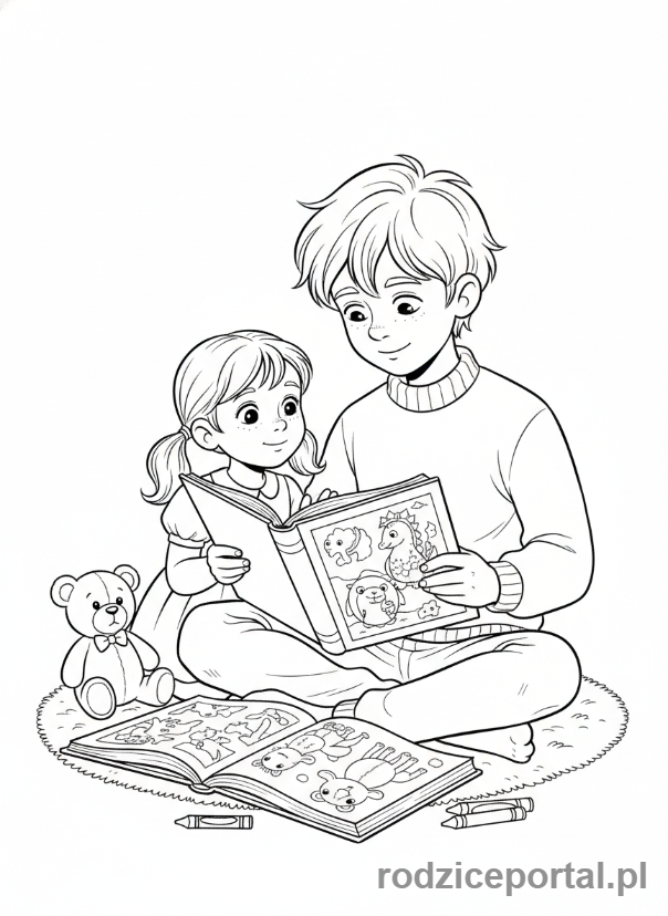 Kolorowanka Odpowiedzialność - Starszy brat opiekuje się siostrą