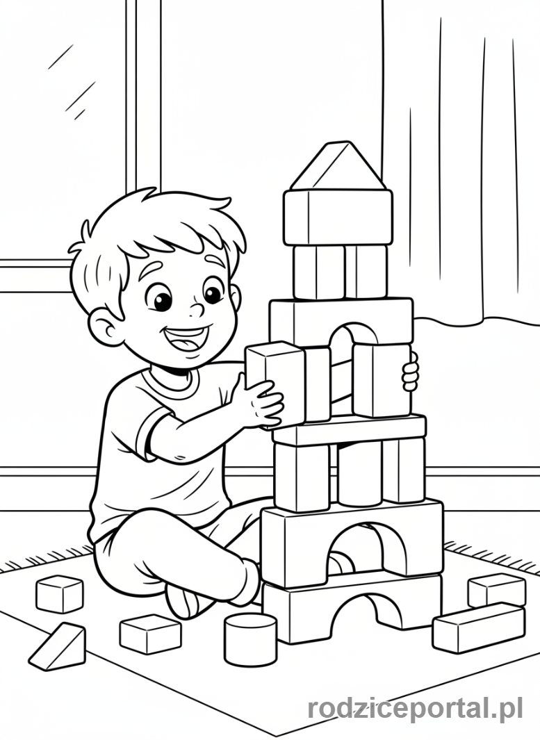 Kolorowanka Offline Zabawy - Chłopiec buduje z klocków