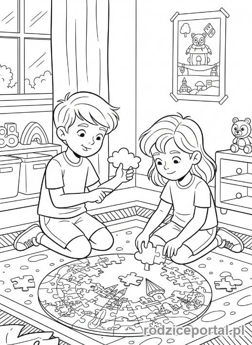 Kolorowanka Offline Zabawy - Dzieci układają puzzle