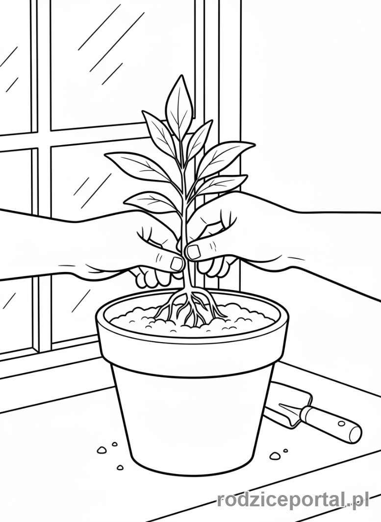 Kolorowanka Offline Zabawy - Dziecko sadzi roślinkę w doniczce