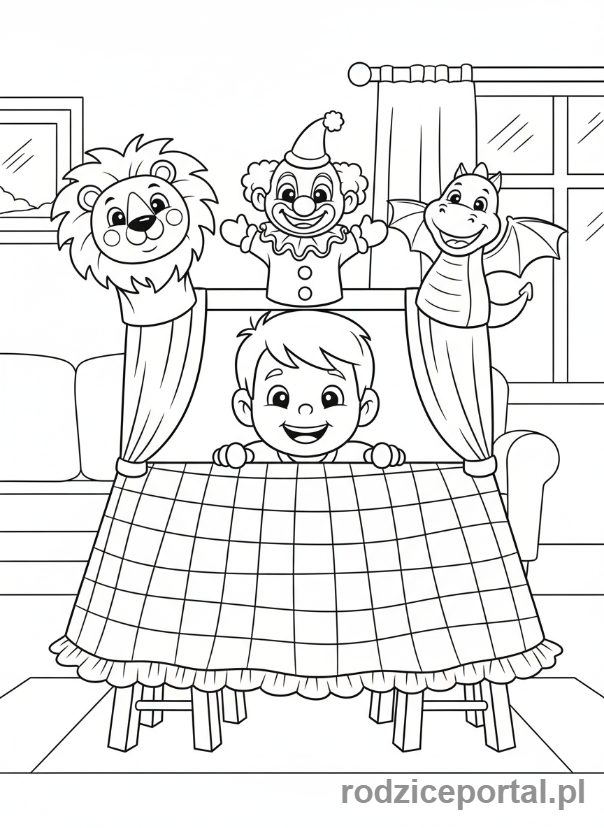 Kolorowanka Offline Zabawy - Dziecko urządza teatrzyk kukiełkowy