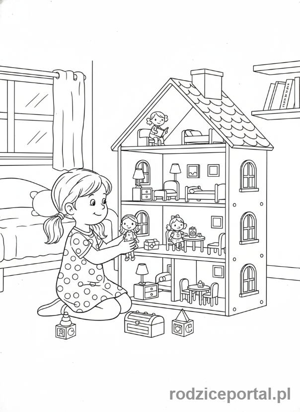 Kolorowanka Offline Zabawy - Dziewczynka bawi się lalkami