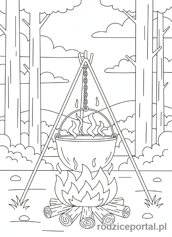 Kolorowanka Ognisko - Garnek nad ogniskiem