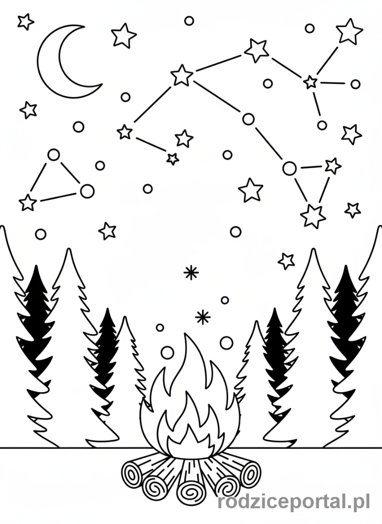 Kolorowanka Ognisko - Gwiaździsta noc i ognisko