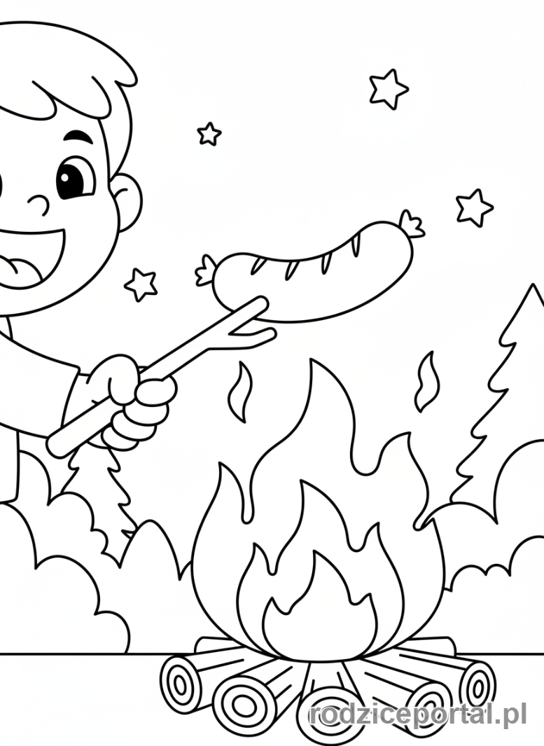 Kolorowanka Ognisko - Pieczenie kiełbaski