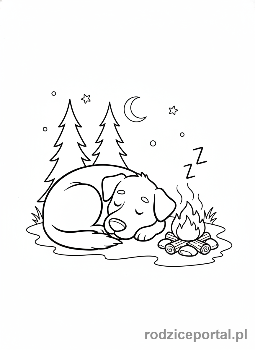 Kolorowanka Ognisko - Pies przy ognisku