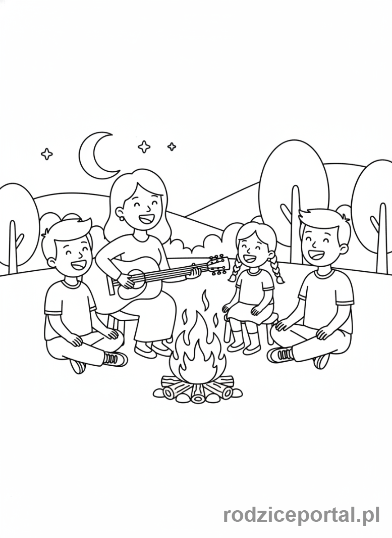 Kolorowanka Ognisko - Rodzina przy ognisku