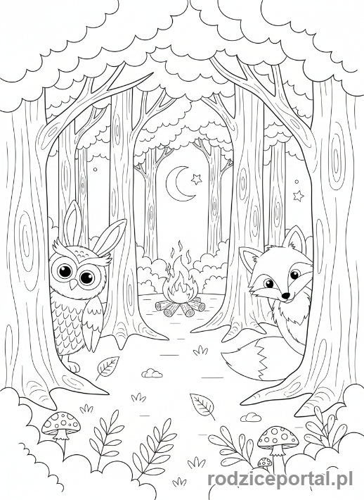 Kolorowanka Ognisko - Zwierzęta leśne i ognisko