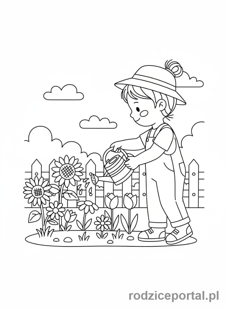 Kolorowanka Ogród - Dziecko podlewa kwiaty