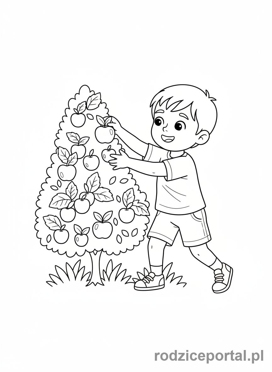 Kolorowanka Ogród - Dziecko zbiera owoce