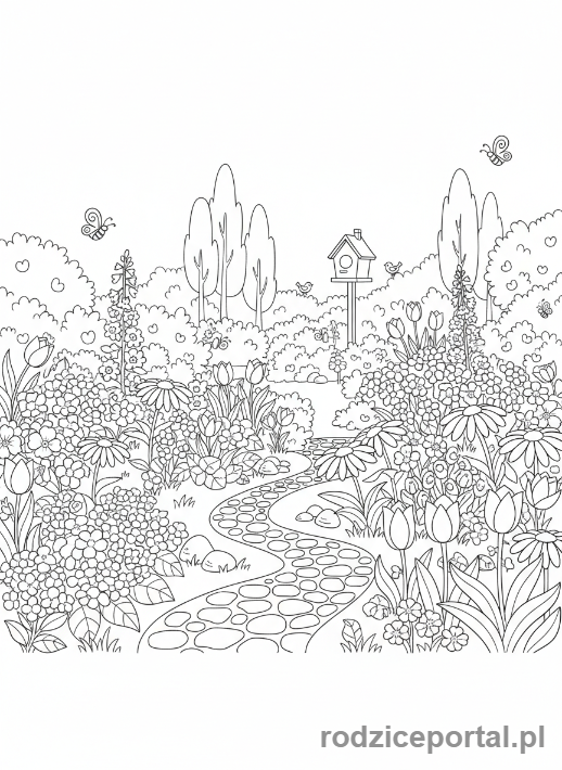 Kolorowanka Ogród - Panorama ogrodu