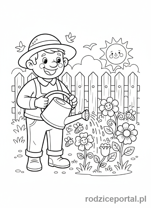 Kolorowanka Ogrodnik - Ogrodnik podlewa kwiaty