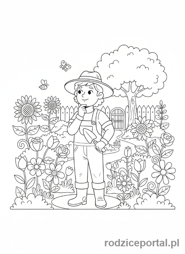 Kolorowanka Ogrodnik - Ogrodnik podziwia ogród