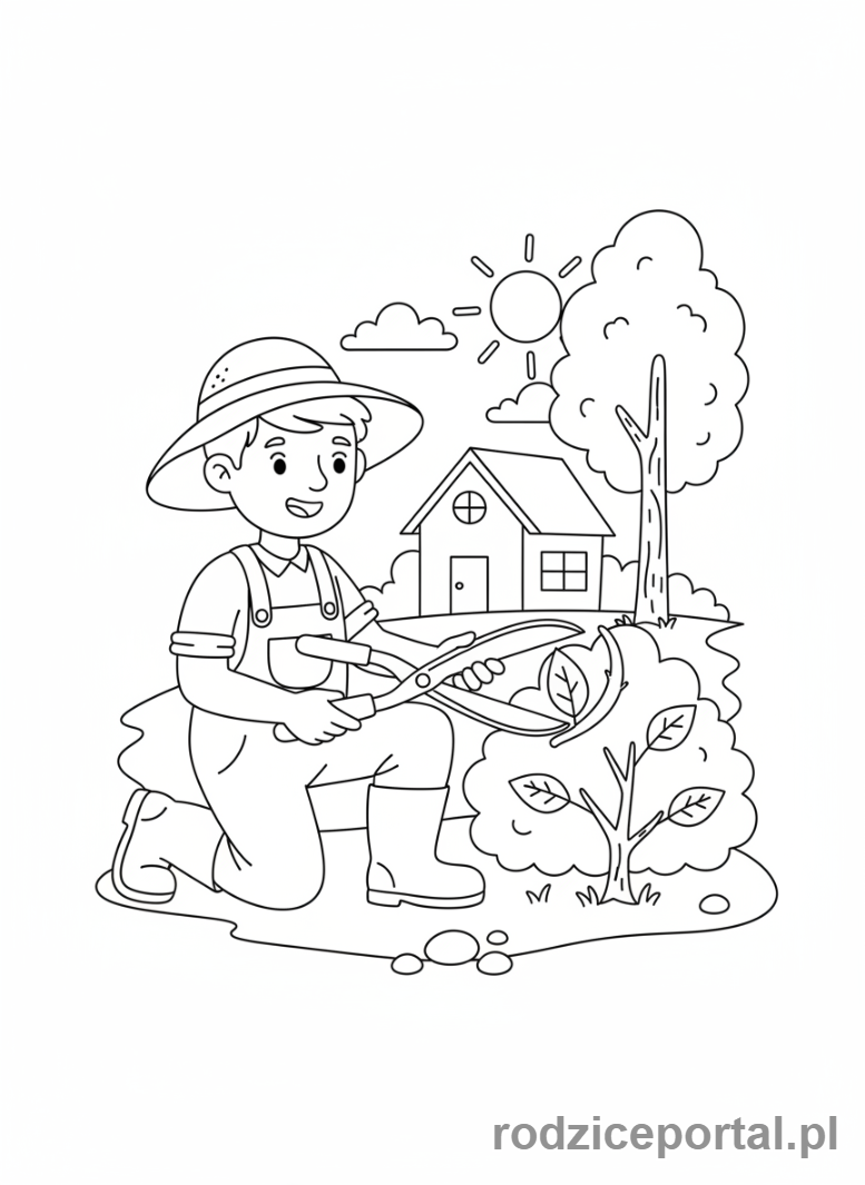 Kolorowanka Ogrodnik - Ogrodnik przycina krzew