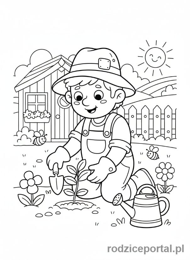 Kolorowanka Ogrodnik - Ogrodnik sadzi roślinę