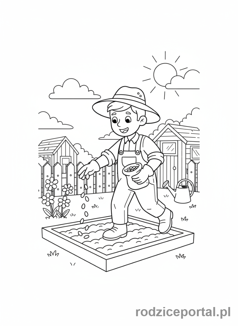 Kolorowanka Ogrodnik - Ogrodnik sieje nasiona