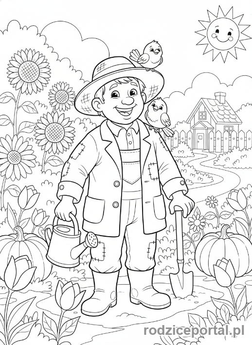 Kolorowanka Ogrodnik - Ogrodnik z ptakiem