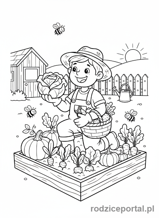 Kolorowanka Ogrodnik - Ogrodnik zbiera warzywa