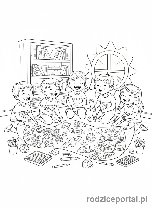 Kolorowanka Opowiadanie Historii - Dzieci rysujące swoje historie