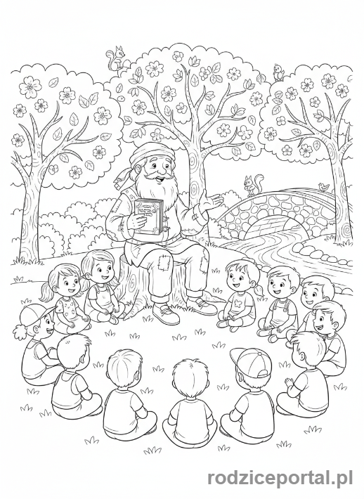 Kolorowanka Opowiadanie Historii - Gawędziarz w parku