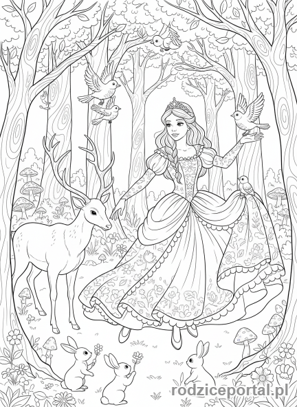 Kolorowanka Opowiadanie Historii - Księżniczka tańcząca ze zwierzętami