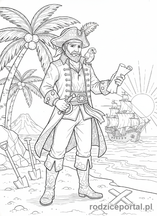 Kolorowanka Opowiadanie Historii - Pirat szukający skarbu
