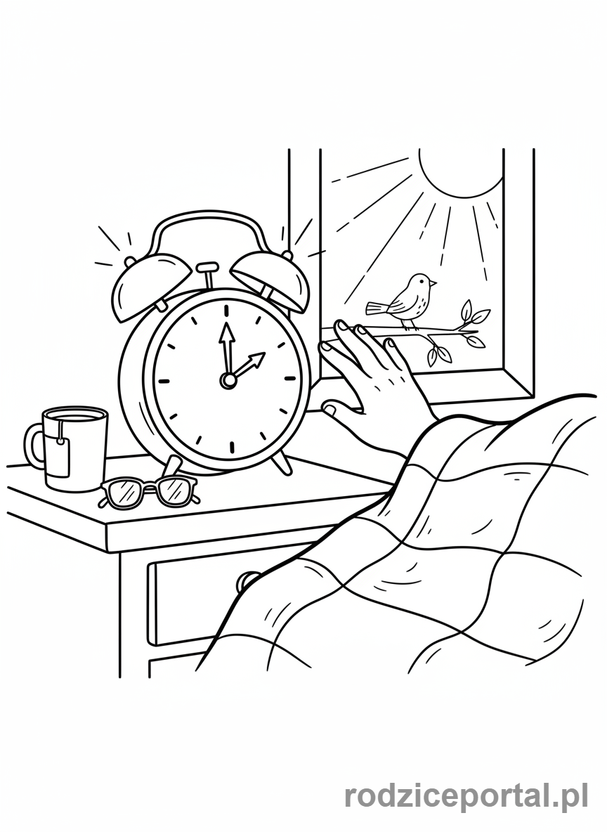 Kolorowanka Organizacja Czasu - Budzik dzwoniący o poranku