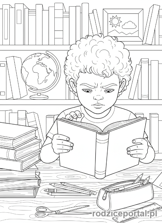 Kolorowanka Organizacja Czasu - Dziecko skupione na nauce