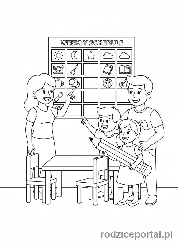 Kolorowanka Organizacja Czasu - Rodzina przeglądająca grafik