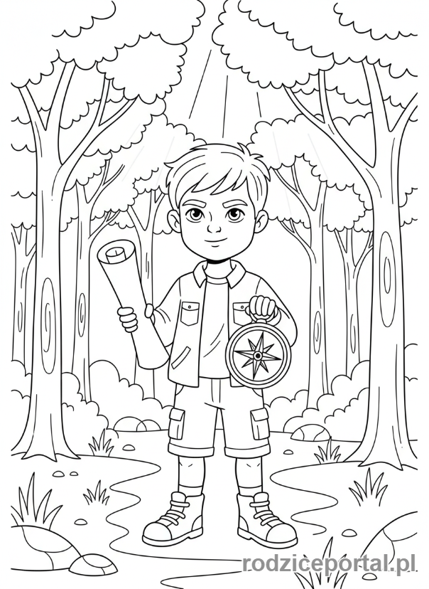 Kolorowanka Orientacja W Terenie - Dziecko z mapa i kompasem