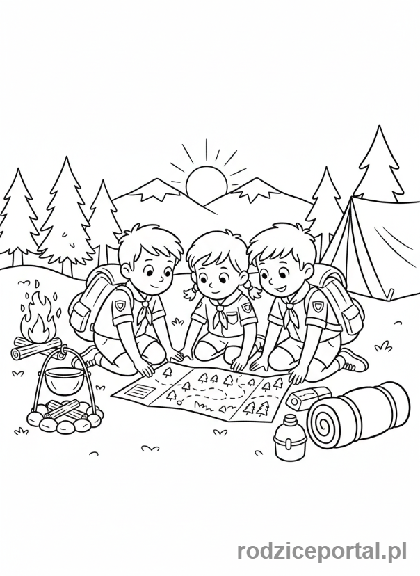 Kolorowanka Orientacja W Terenie - Grupa harcerzy z mapa