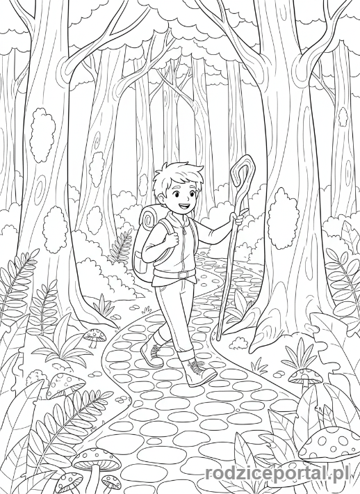 Kolorowanka Orientacja W Terenie - Wędrowiec w lesie