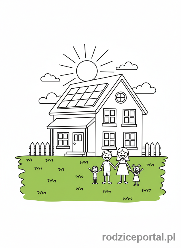 Kolorowanka Oszczędzanie Energii - Dom z panelami słonecznymi