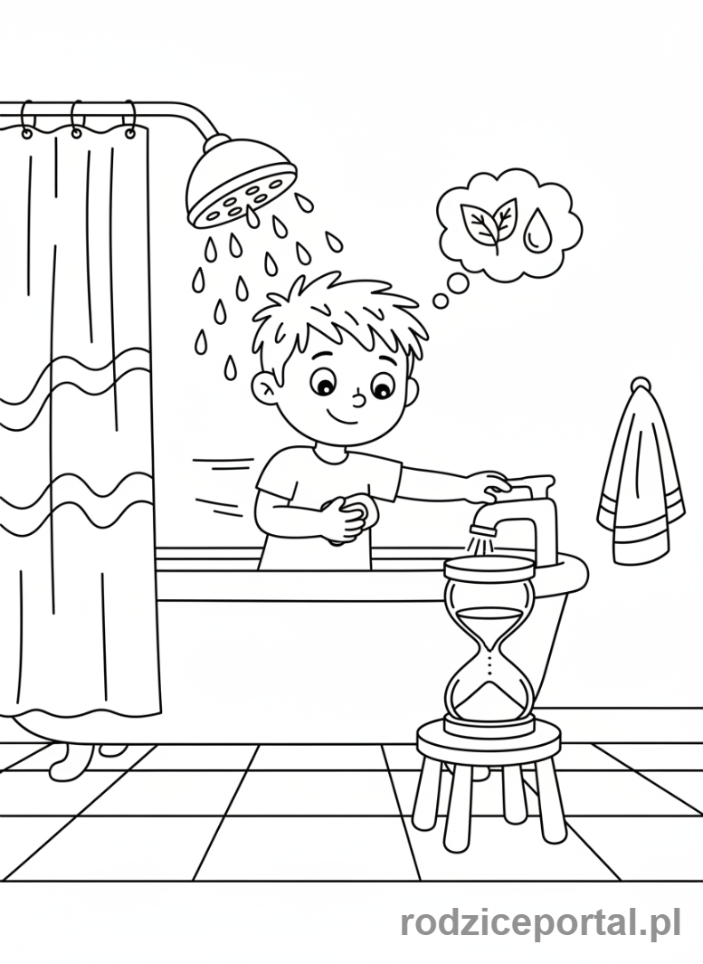 Kolorowanka Oszczędzanie Energii - Dziecko bierze krótki prysznic
