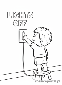 Kolorowanka Oszczędzanie Energii - Dziecko gasi światło