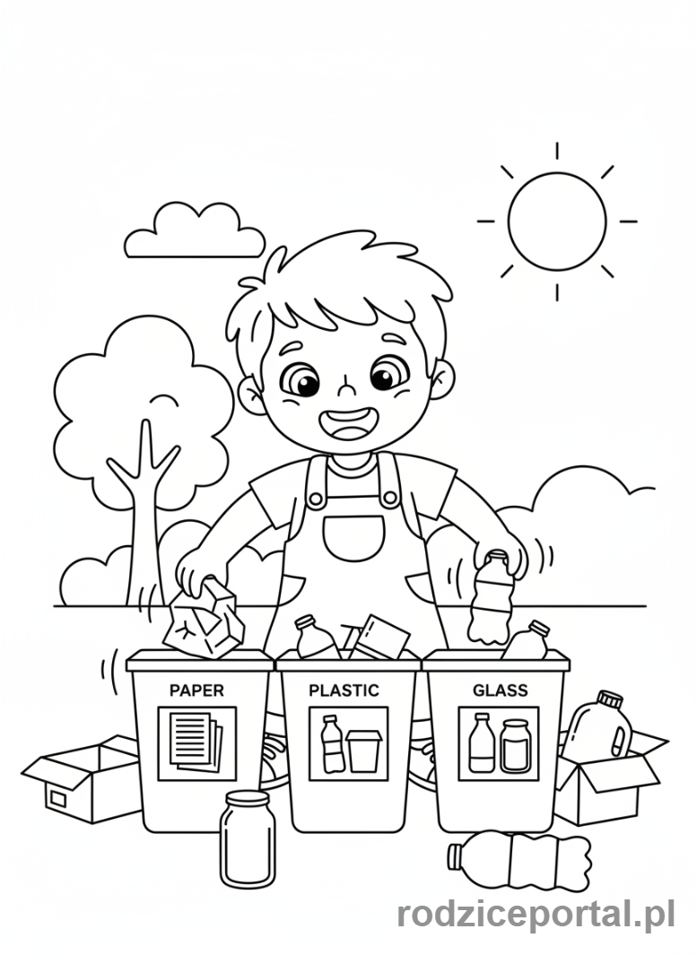 Kolorowanka Oszczędzanie Energii - Dziecko segreguje śmieci