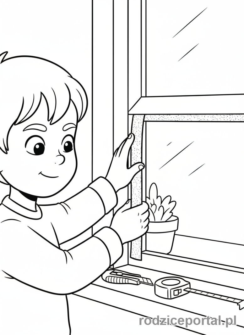 Kolorowanka Oszczędzanie Energii - Dziecko uszczelnia okno