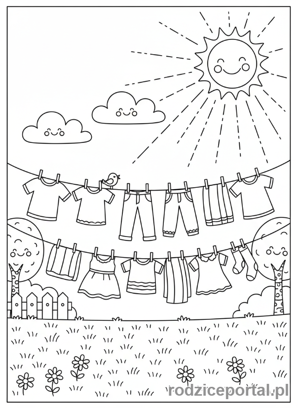 Kolorowanka Oszczędzanie Energii - Pranie suszy się na sznurku