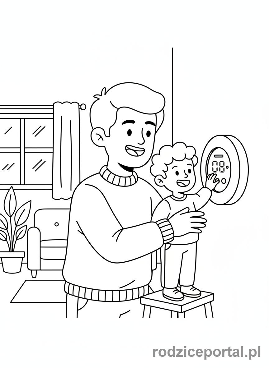 Kolorowanka Oszczędzanie Energii - Rodzina ustawia termostat
