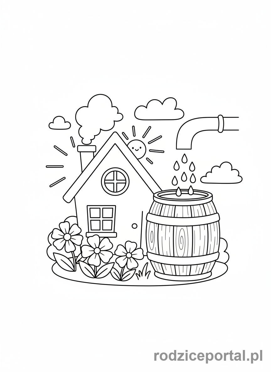 Kolorowanka Oszczędzanie Wody - Beczka na deszczówkę