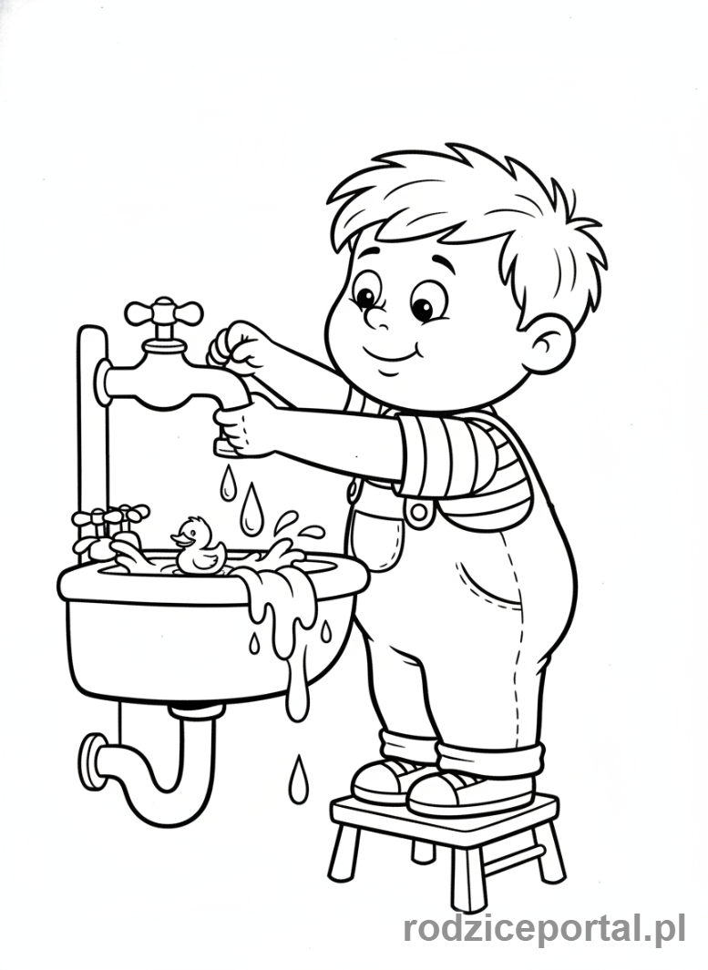 Kolorowanka Oszczędzanie Wody - Dziecko zakręcające kran